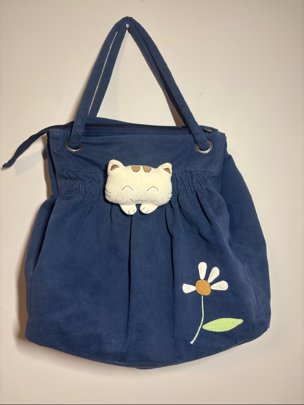 Navy Canvas Tote/ beach bag with Cute Cat Accent